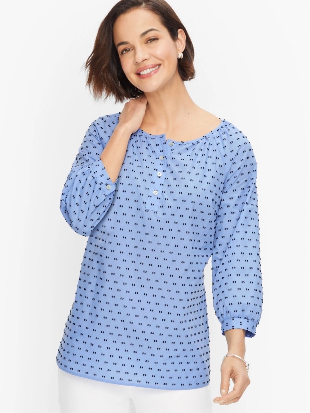 Talbots Blue 100% Cotton Print Henley Blouse Medium 3/4 Sleeve